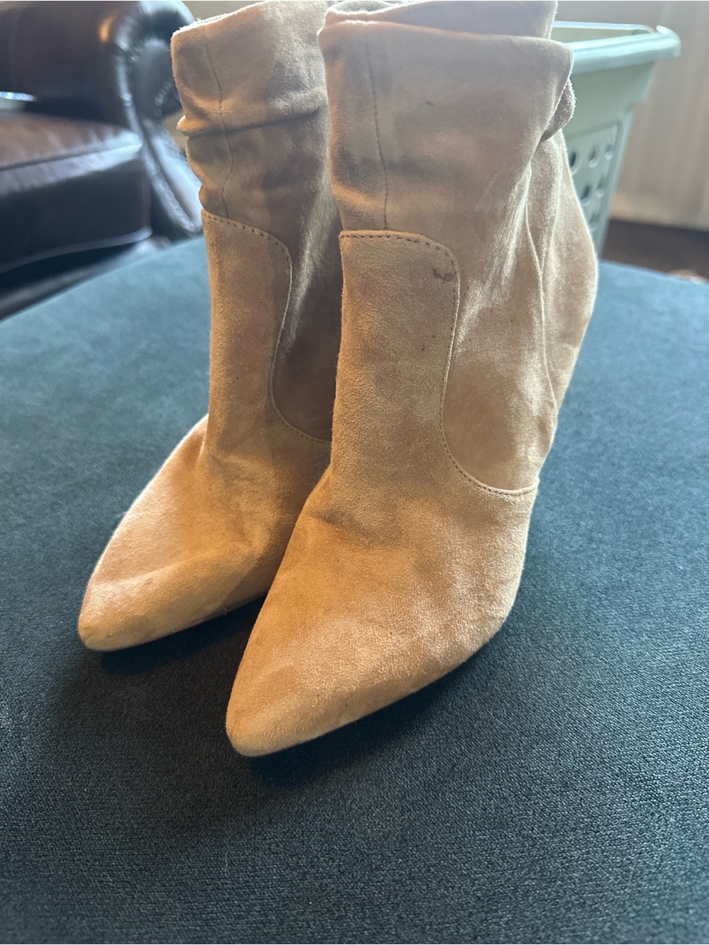 Suede Pointed-Toe Ankle Boots in Tan